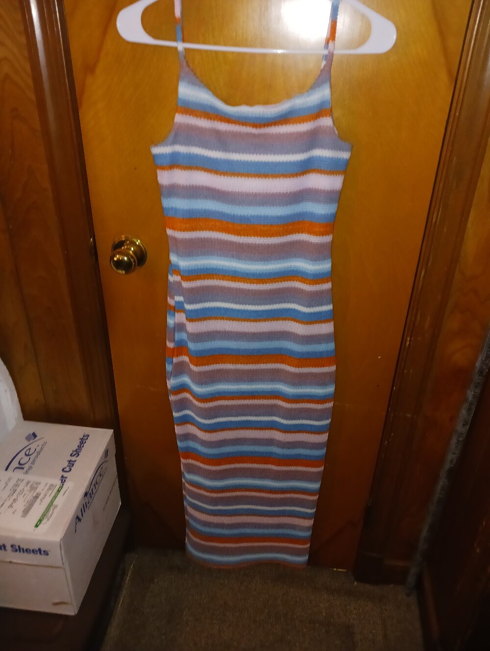 Striped Knit Bodycon Dress in Blue, Rust & Cream